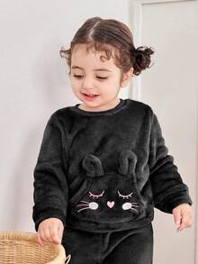 Set Atasan Lengan Panjang dan Celana Panjang Pinggang Elastis Motif Kartun Lucu untuk Bayi Perempuan Musim Gugur/Dingin - Hitam - View 3