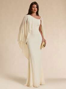 SHEIN BAE Fall Solid Cream White Asymmetric One-Shoulder Elegant Long Mesh Dress For Women Wedding Dinner Cocktail Bar Party Formal Garden Party - Apricot - View 1