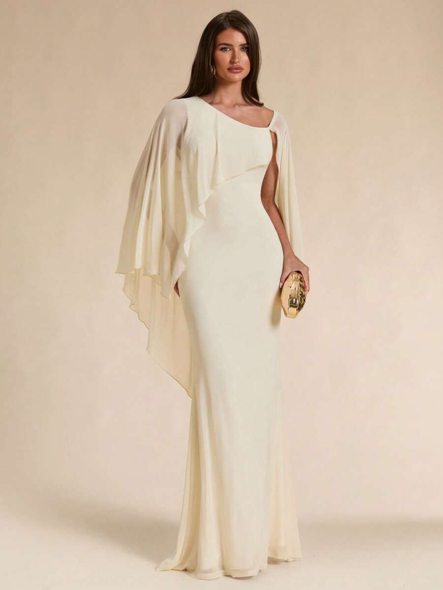 SHEIN BAE Fall Solid Cream White Asymmetric One-Shoulder Elegant Long Mesh Dress For Women Wedding Dinner Cocktail Bar Party Formal Garden Party - Apricot - View 1