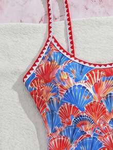 Swim Mod 夏季新款歐美風一件式性感高衩紅色幸運魚印花撞色細肩帶貝殼飾邊甜美女孩比基尼泳衣，聚攏小胸，雙肩帶，修身顯身材，適合溫泉、海灘、度假、生日派對 - 彩色 - 查看 5