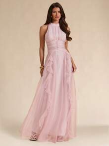 SHEIN BAE Spring/Summer Solid Dusty Pink Textured Jacquard Halter Neck Ruffle Trim Slim Fit Maxi Elegant Romantic Dress, Cocktail Bachelorette Party Formal - Apricot - View 3
