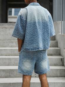 Manfinity EMRG 男士街頭風休閒刺繡藍色牛仔套裝 - 中等水洗藍 - 查看 2