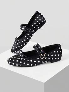 MOTF WOMEN'S ELEGANT MINIMALIST COMMUTING SOLID COLOR BOW DECOR DOUBLE BUCKLE STRAPS BALLET FLATS SHOES FOR CHRISTMAS VALENTINE'S DAY SPRING SHOES - Graphite Black - View 9