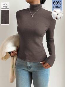 SHEIN BASICS 女款休閒純色立領T恤，秋冬款 - 摩卡棕 - 查看 3