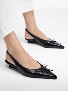 Mnmlis Women Shoes Temperament Simple Black Pleated Glossy Bow Design Pointed Back Strap Low Heel Flat Bottom Low Vamp Shoes Commuting Workplace - Black - View 7