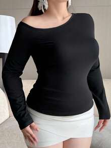 Dazy Plus Plus Size Women Solid Color Asymmetrical One Shoulder Fitted Black Long Sleeve T-Shirt Spring Summer Autumn - Black - View 6
