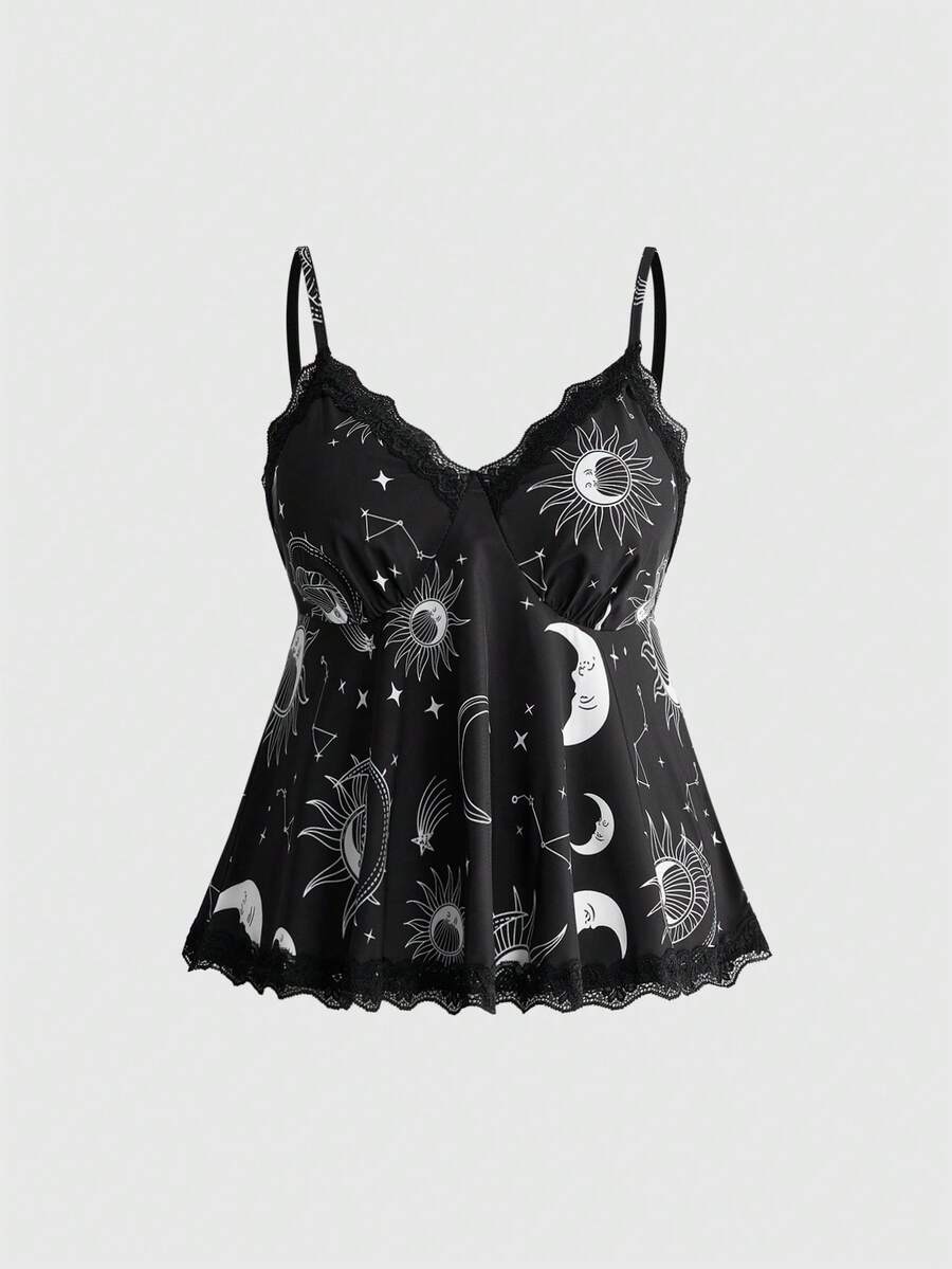 ROMWE Gothic Sexy Fairy Dark Garden Mori Style Sun Moon Star Print Doll Design Plus Size Women's Camisole Halloween Night Out Date Night Black Summer - Black - View 1