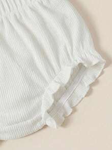 SHEIN Newborn Baby Casual Solid Color Ribbed Knit Elastic Waist Ruffle Hem Romper Shorts - White - View 5