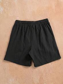 VENTUSAIL Celana Pendek Katun Linen Warna Polos Serbaguna Kasual Musim Panas untuk Pria - Hitam - View 5