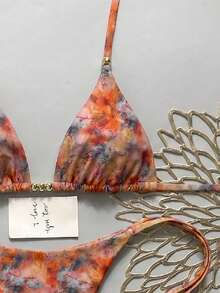 Swim Vcay 女款夏季海灘度假塗鴉印花掛脖綁帶露背性感丁字比基尼套裝 - 彩色 - 查看 4