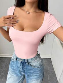 Flirla Women's Solid Color Slim Fit Simplistic Square Neck Short Sleeve Bodysuit, Versatile For Daily Commute - Baby Pink - View 3