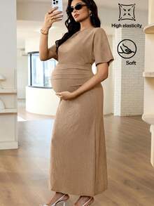MaterniWear 優雅孕婦通勤純色長洋裝 - 卡其色 - 查看 9