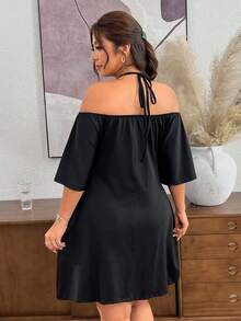 Lounesse Women's Plus Size Black Beaded Halter Neck Tie Off-Shoulder Design Plus Size Dress Fashion Casual Plus Size Dress Casual Summer Daily Going Out Dress - Black - View 3