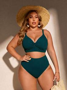 SHEIN Swim Curve 大尺碼女款夏季海灘純色抓皺細肩帶性感比基尼上衣與三角褲兩件式泳衣套裝 - 墨綠色 - 查看 3