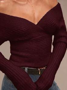 SHEIN BAE Regular Women's Solid Color Off-Shoulder Long Sleeve Fitted Fashion Sweater - Purple - View 9