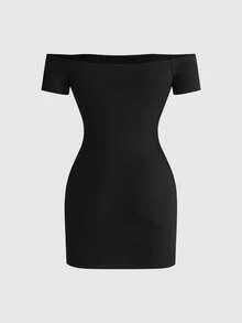 ROMWE Grunge Punk Summer Outfits Music Festival Punk Slogan Print Off Shoulder Fitted Mini Dress - Black - View 4