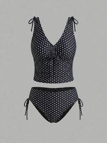 Sweetra Spring/Summer Beach Party Vacation 1920s Double Strap Ruched Black White Polka Dot Plus Size Women's Tank Top Bikini Set - Black and White - View 1