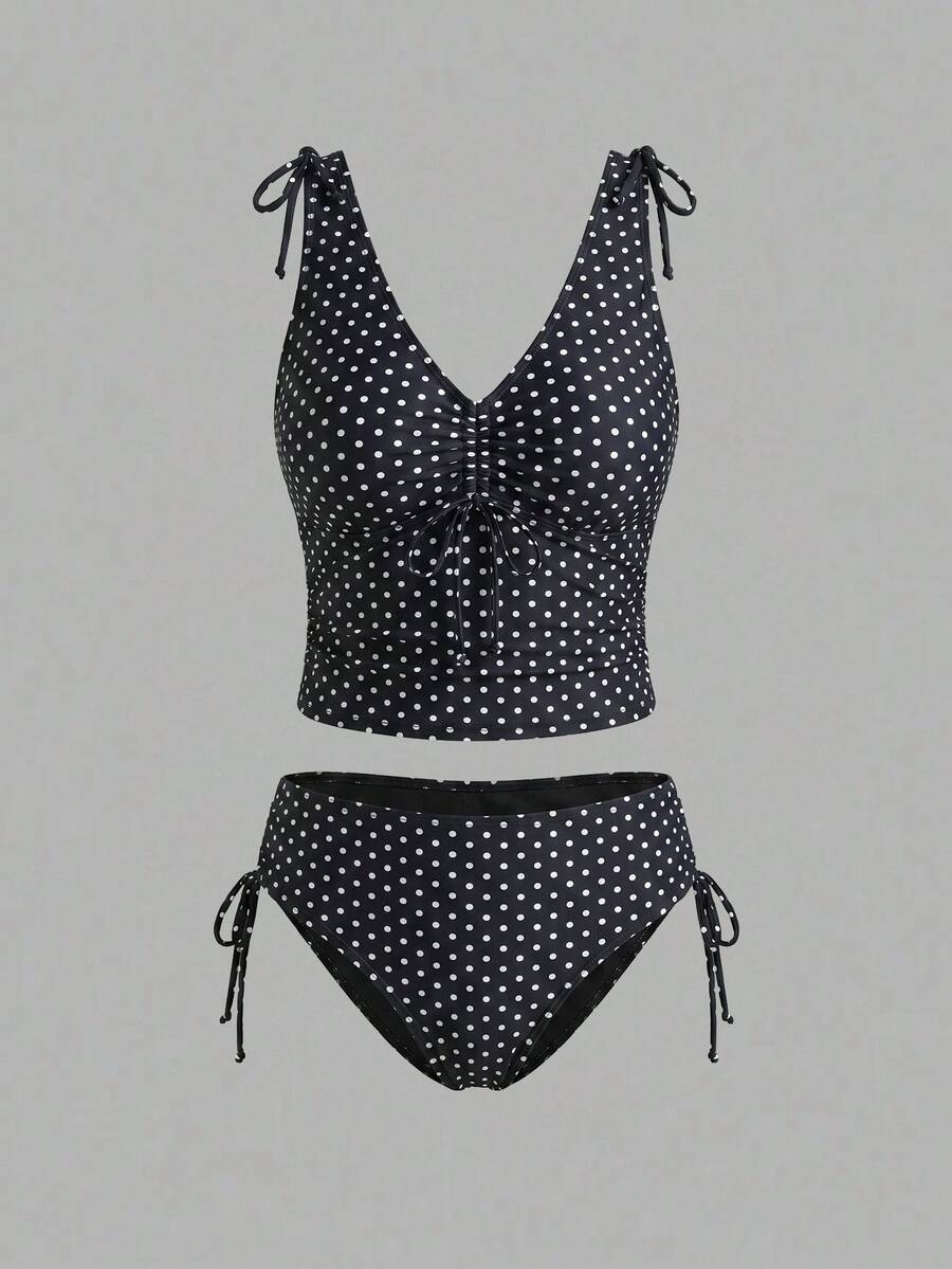 Sweetra Spring/Summer Beach Party Vacation 1920s Double Strap Ruched Black White Polka Dot Plus Size Women's Tank Top Bikini Set - Black and White - View 1