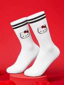 HELLO KITTY AND FRIENDS | SHEIN 1雙女款卡通圖案筒襪 - 黑與白 - 查看 4