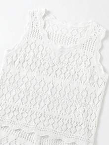 SHEIN Franclia 新款秋季極簡鄉村風休閒慵懶度假風高級白色滾邊波浪領鏤空性感修身顯瘦對比色細肩帶背心 - 奶油色 - 查看 7