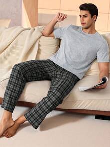 SHEIN Provexi 男士純色短袖上衣與格紋長褲居家休閒套裝 - 淺灰色 - 查看 1