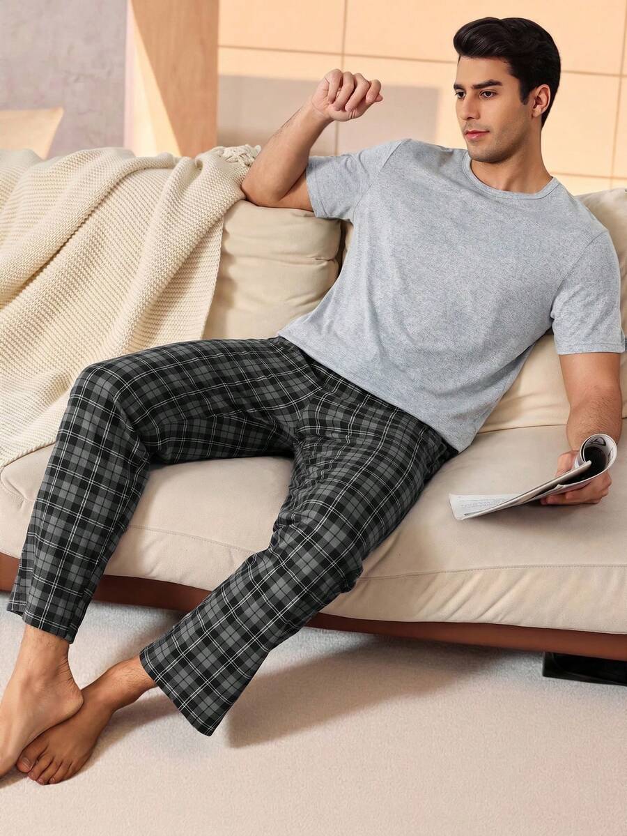 SHEIN Provexi 男士純色短袖上衣與格紋長褲居家休閒套裝 - 淺灰色 - 查看 1