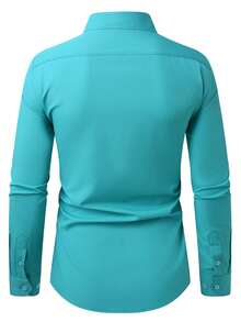 Manfinity Mode Camisa casual de manga larga de un solo color con botones delanteros para hombres, ideal para ir al trabajo - Verde - Ver 2
