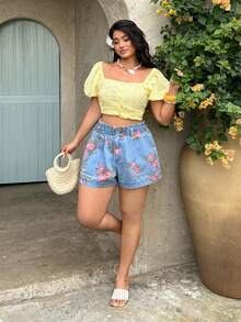 Sunnyshic Damen-Denim Shorts in großen Größen mit Blumenmuster, lässig und vielseitig für den Alltag - Helle Waschung - Übersicht 3