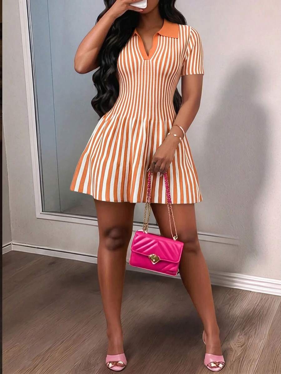 Slaydiva 2025 New Summer Elegant Party & Shopping Exquisite Polo Collar Striped Knit Mini Dress - A - Orange - View 1