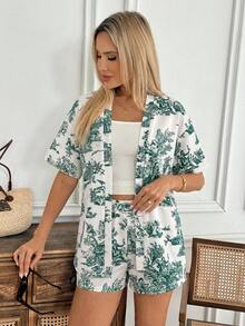Easowa 女款度假植物印花短袖襯衫與短褲休閒兩件套，休閒服飾 - 綠色 - 查看 6
