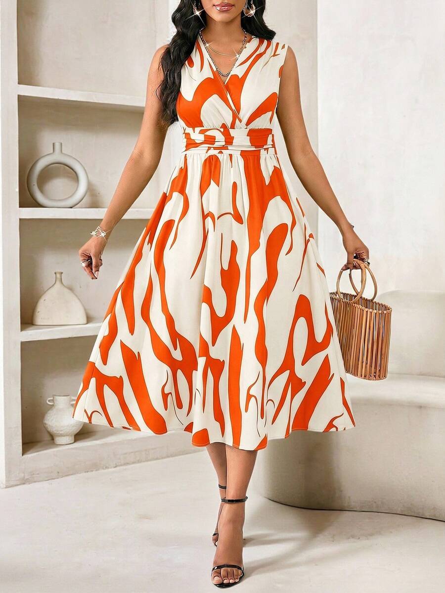SHEIN Lady 女士休闲无袖中长连衣裙,印花图案,橙色 - 橘色 - 查看 1