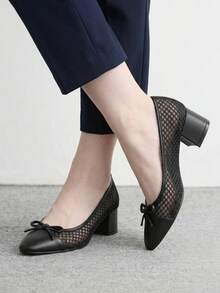 CUCCOO BIZCHIC Women's Fashion High-Heeled Shoes, Bow Stitching Mesh Rotund Heel Global Four-Season Commuting Elegant Foundation Festival Vacation Office Outdoor Daily Versatile Fall Shoes - Sunday night - View 5