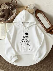 INAWLY Gesture & Heart Print Drop Shoulder Drawstring Thermal Hoodie,Long Sleeve Tops Graduation,Teacher,Back To School Pullover Fall - White - View 5