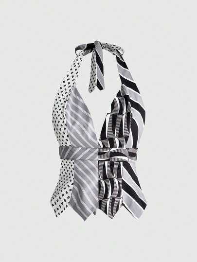 Grunge Punk Damen gestreiftes geometrisches Patchwork-Design Vintage Neckholder-Top mit Bindeband
