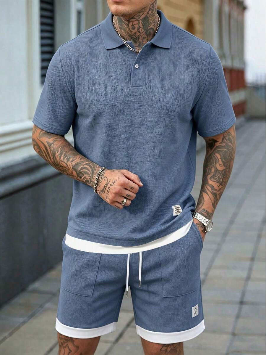 Manfinity CasualCool 男士牛仔短袖 Polo 衫與短褲休閒日常套裝 - 藍色 - 查看 1