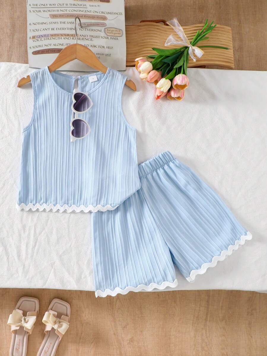 SHEIN Genkimix Kids 女童 2 件組極簡休閒日常穿著 梭織波浪皺褶背心與短褲套裝,適合夏季涼爽穿搭 - 藍色 - 查看 1
