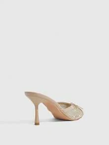 CUCCOO SZL Sandales à talons hauts pour femmes avec bout pointu, maille abricot, perles chaudes et nœud, élégantes et à la mode, sandales ouvertes pour femmes - Nude - Voir 3