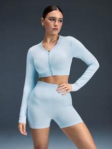 Powerista Women's Baby Blue Seamless Workout Set,Raglan Sleeve Cropped Jacket & Active Shorts,Pilates Summer Athleisure Training Sports Set - Baby Blue - View 3