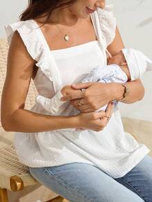 SHEIN 100% Cotton Maternity White Square Neck Flutter Sleeve Top - White - View 2