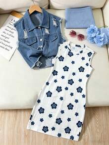 SHEIN Tween Girls 2pcs/Set :Cute White Summer School Outfit With Black Knit Cutout Back Cami Dress And Frayed Blue Washed Denim Vest,Casual Versatile Set - Blue - View 6