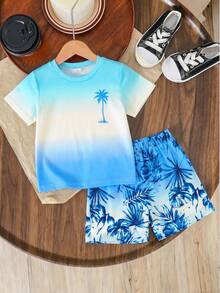 SHEIN Streecool Kids 小男孩熱帶印花海灘度假T恤與短褲2件套 - 藍色 - 查看 3