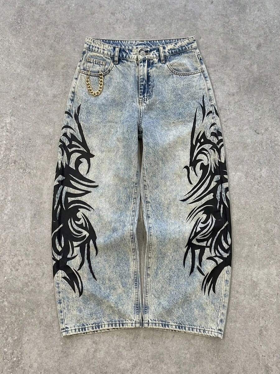 青少年女孩時尚休閒 Y2K 復古設計靈感圖案寬鬆寬腿牛仔褲 - 藍色 - 查看 1