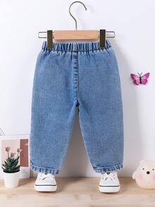 女嬰抽繩腰口袋休閒百搭日常穿著牛仔長褲 - 淺色水洗藍 - 查看 2