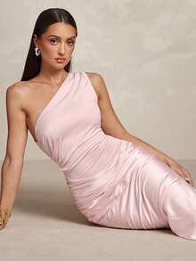 Silquee 夏季優雅拼接仿緞面長洋裝 - 粉色 - 查看 7