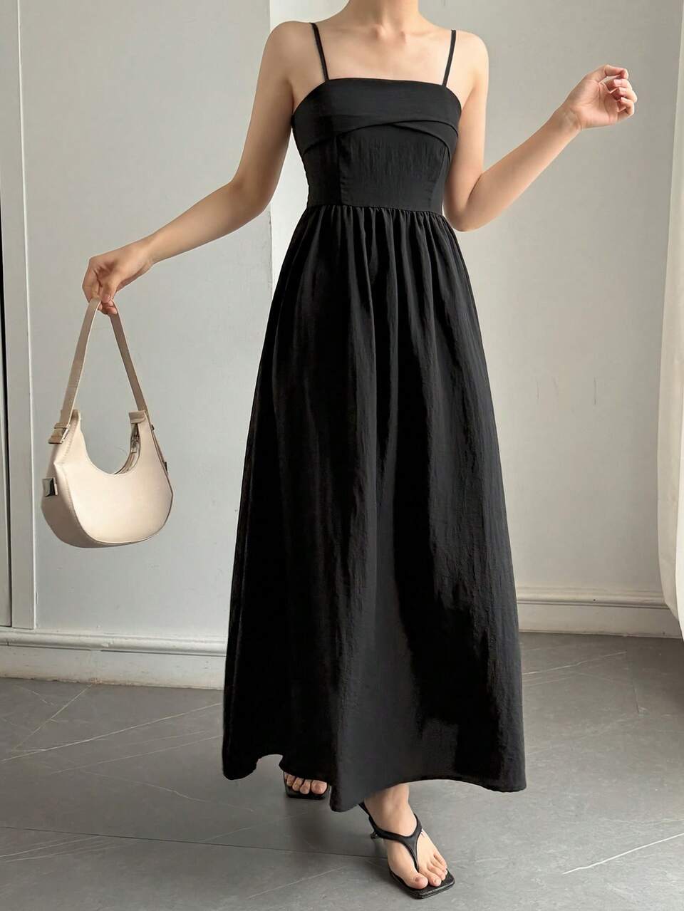 Solid Color Fitted Spaghetti Strap Waist-Cinched Flare Skirt Elegant Vacation Summer Long Dress For Women