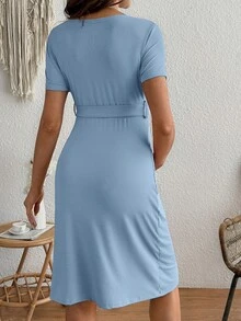 SHEIN 孕婦哺乳洋裝附腰帶 - 藍色 - 查看 2