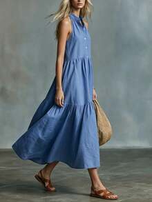 SHEIN Holidaya French Niche Halter Neck Stand Collar Single-Breasted Solid Dusty Blue Dress For Women, Lazy Loose Fit Tummy-Covering Korean Casual Beach - Blue - View 5