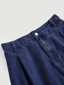 SHEIN 2件組青少年女孩Y2K休閒深藍色牛仔寬鬆短袖襯衫與牛仔長裙 - 藍色 - 查看 5