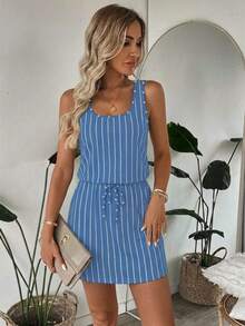 SHEIN LUNE Women's Casual Printed Short Dress Suitable For Spring And Summer - Blue - View 8