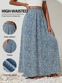 Reflora Plus Size Summer Pink Densely Printed Flared Comfortable Skirt - Blue - View 1